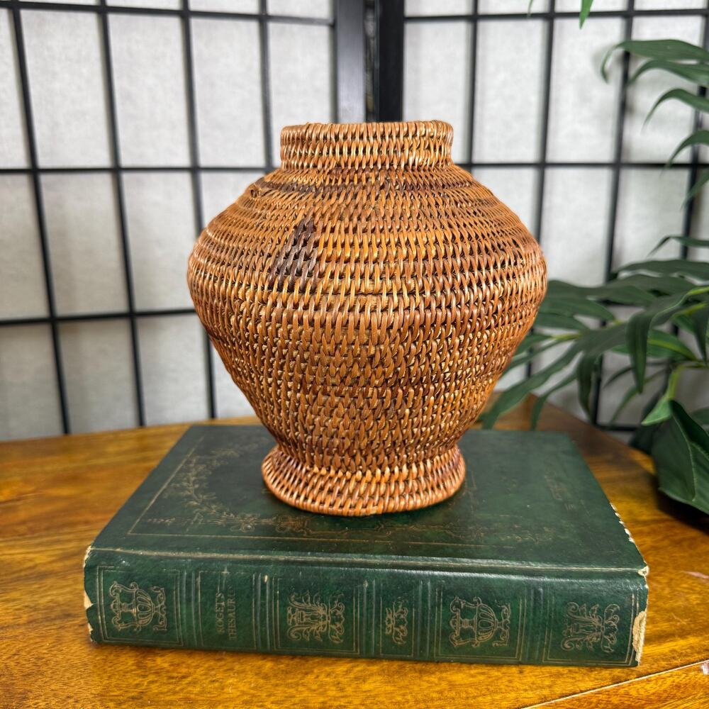 Vintage Woven Wicker Vase Rattan Straw Boho Decor